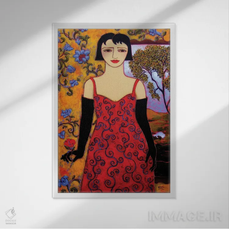 تابلو دکوراتیو زن با منظره و گل رز اثر کارن ریگر - نمای قابدار سفید