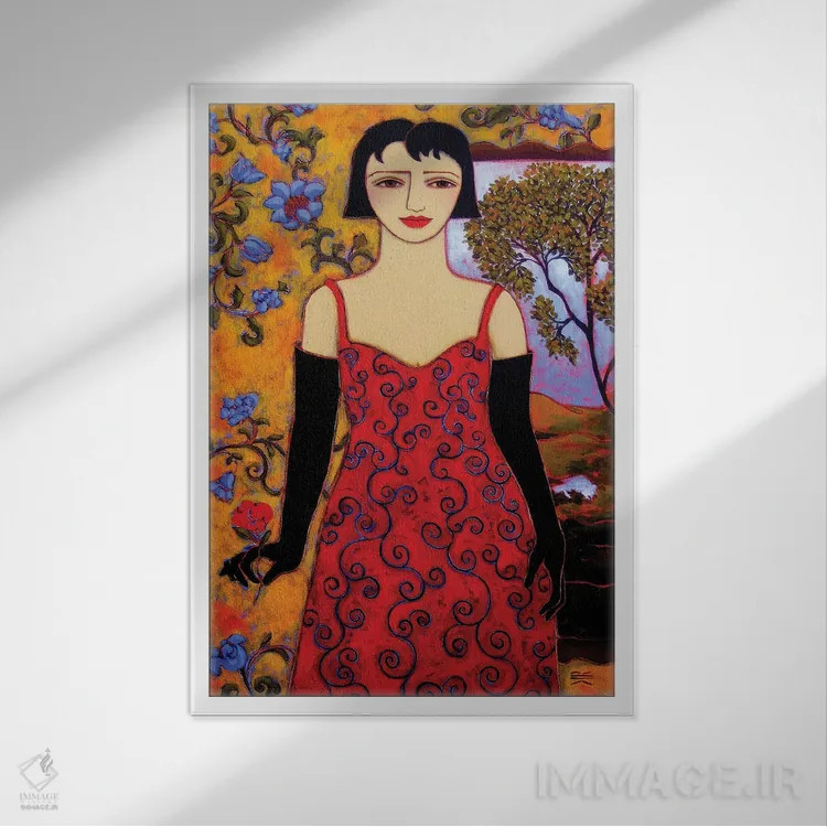 تابلو دکوراتیو زن با منظره و گل رز اثر کارن ریگر - نمای قابدار سفید