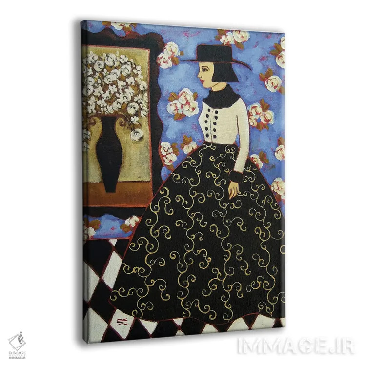 تابلو دکوراتیو زن با گل های رز سفید اثر کارن ریگر - نمای پرسپکتیو محصول