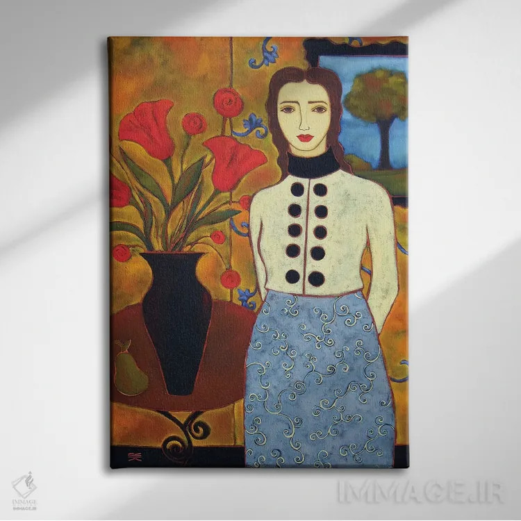 تابلو دکوراتیو زن با گل لاله و منظره اثر کارن ریگر - نمای روبهرو روی دیوار