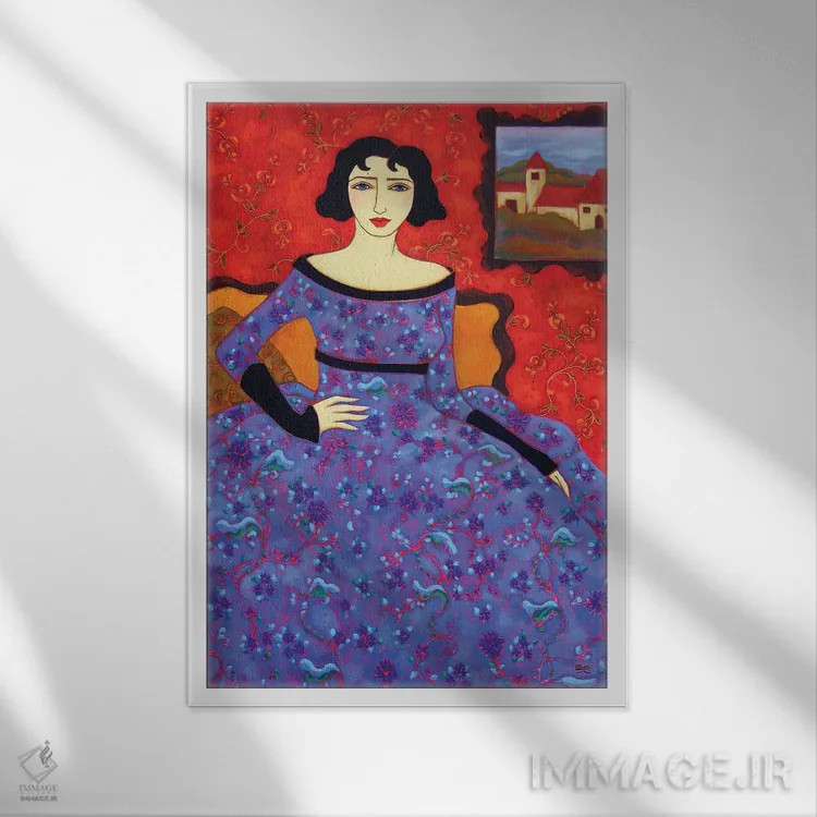 تابلو دکوراتیو زن با لباس لاجوردی اثر کارن ریگر - نمای قابدار سفید