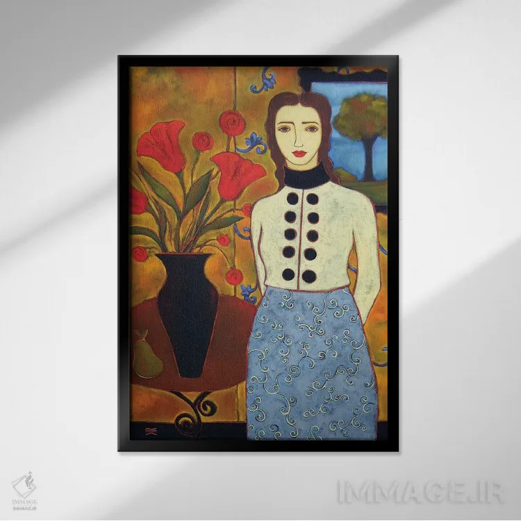 تابلو دکوراتیو زن با گل لاله و منظره اثر کارن ریگر - نمای قابدار مشکی