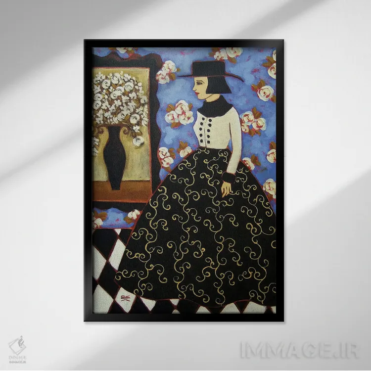 تابلو دکوراتیو زن با گل های رز سفید اثر کارن ریگر - نمای قابدار مشکی