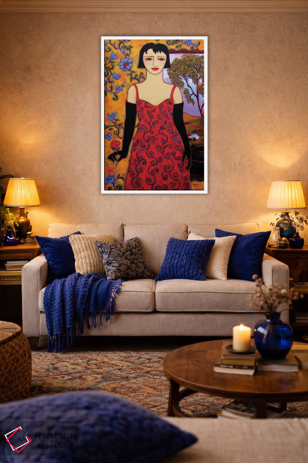 تابلو دکوراتیو زن با منظره و گل رز اثر کارن ریگر - D2W