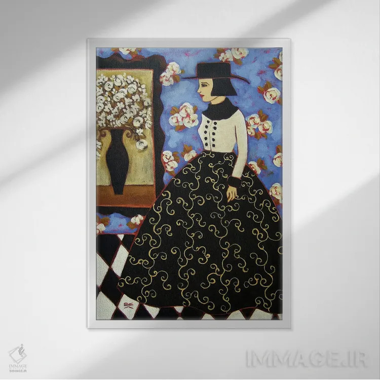 تابلو دکوراتیو زن با گل های رز سفید اثر کارن ریگر - نمای قابدار سفید