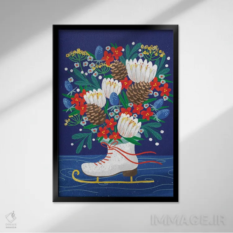 تابلو دکوراتیو دسته گل کریسمس اثر کریستینا هولت کرانتز - نمای قابدار مشکی