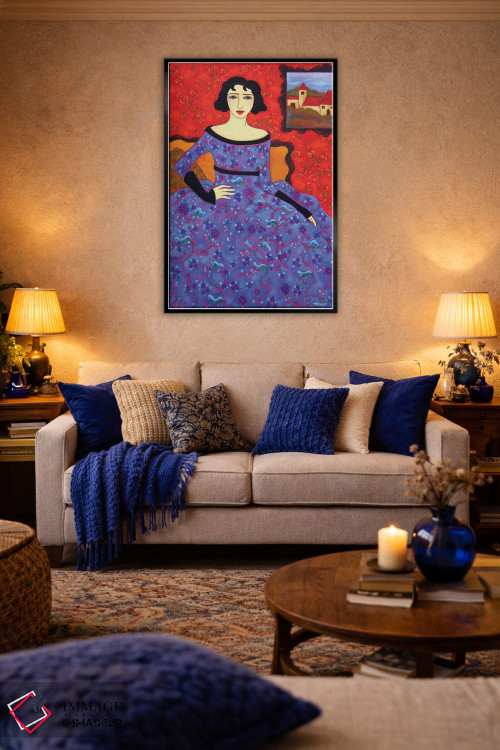 تابلو دکوراتیو زن با لباس لاجوردی اثر کارن ریگر - D5B