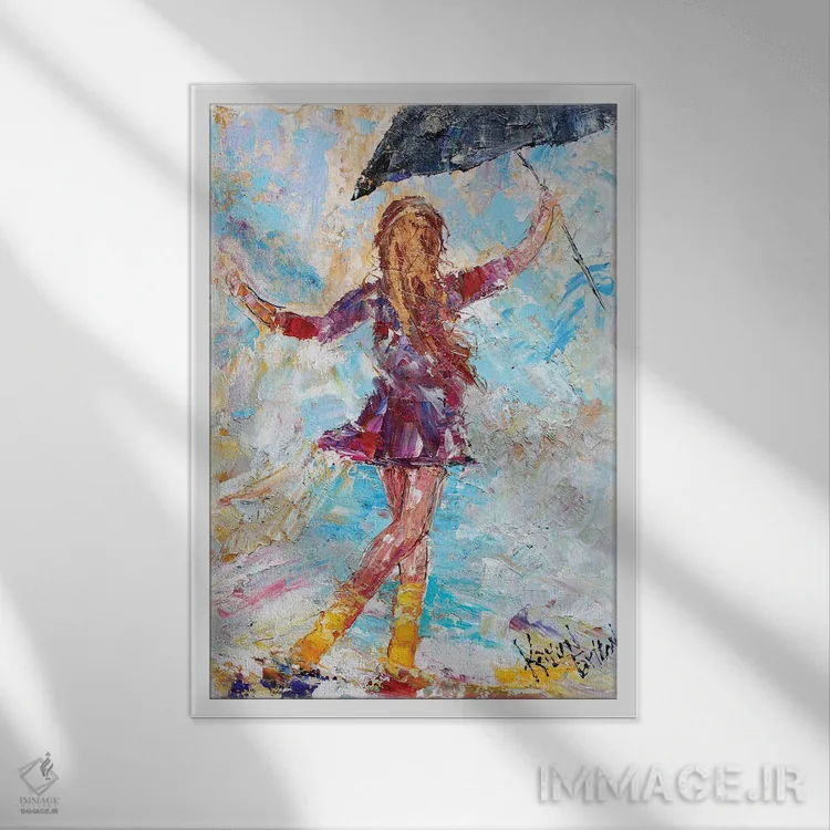 تابلو دکوراتیو رقص باران با چکمه های زرد اثر کارن تارلتون - نمای قابدار سفید