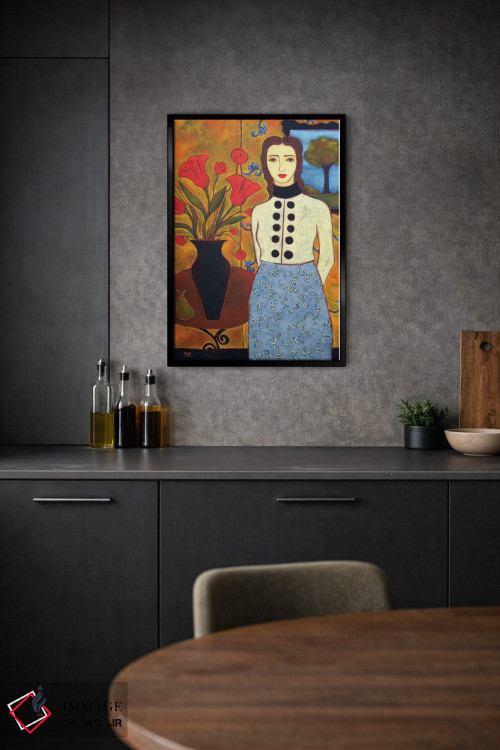 تابلو دکوراتیو زن با گل لاله و منظره اثر کارن ریگر - D2B