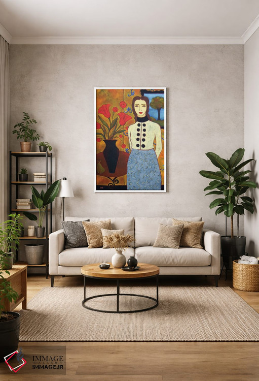 تابلو دکوراتیو زن با گل لاله و منظره اثر کارن ریگر - D1W