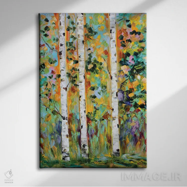 تابلو دکوراتیو درختان غان پاییزی اثر کارن تارلتون - نمای روبهرو روی دیوار