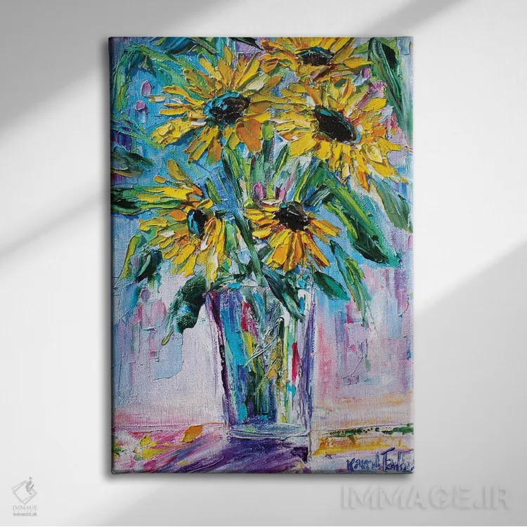 تابلو دکوراتیو آفتابگردان های درخشان اثر کارن تارلتون - نمای روبهرو روی دیوار