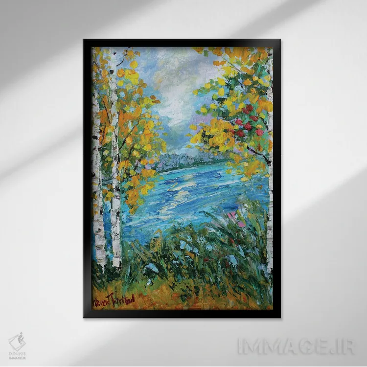 تابلو دکوراتیو درخت غان در پاییز اثر کارن تارلتون - نمای قابدار مشکی