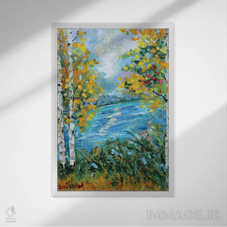 تابلو دکوراتیو درخت غان در پاییز اثر کارن تارلتون - نمای قابدار سفید