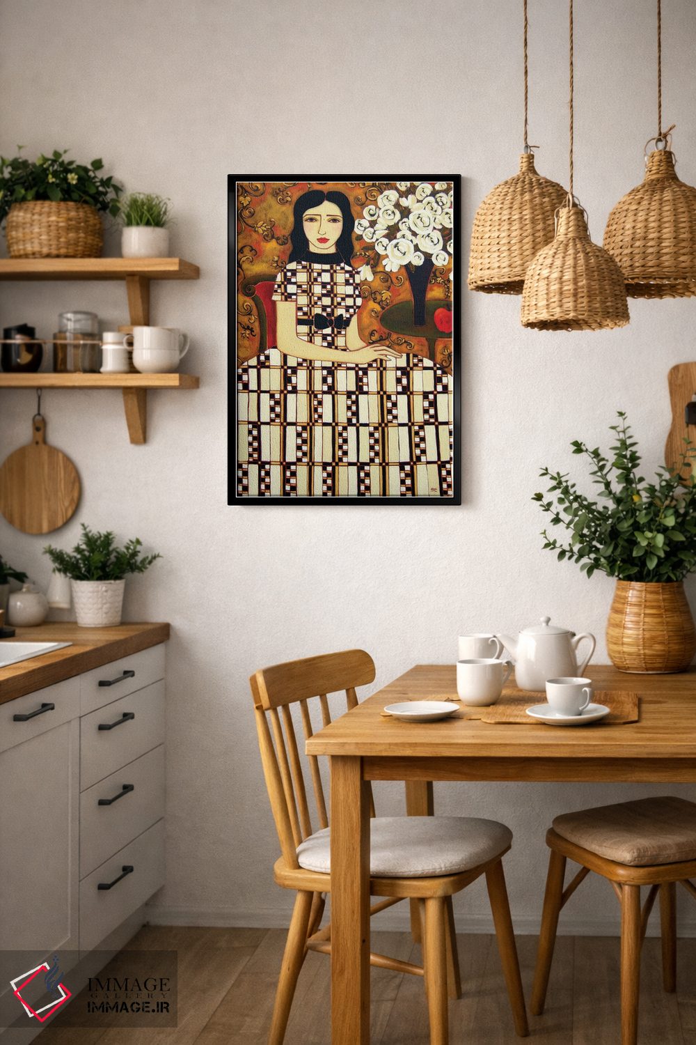 تابلو دکوراتیو زن با گل های رز سفید و سیب اثر کارن ریگر - D6B