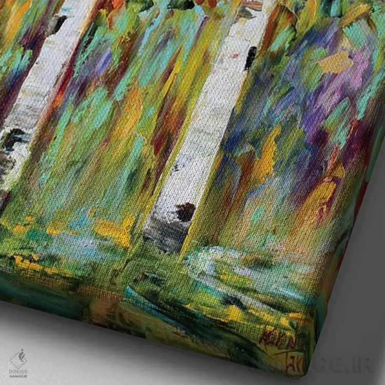 تابلو دکوراتیو درختان غان پاییزی اثر کارن تارلتون - نمای نزدیک بافت بوم