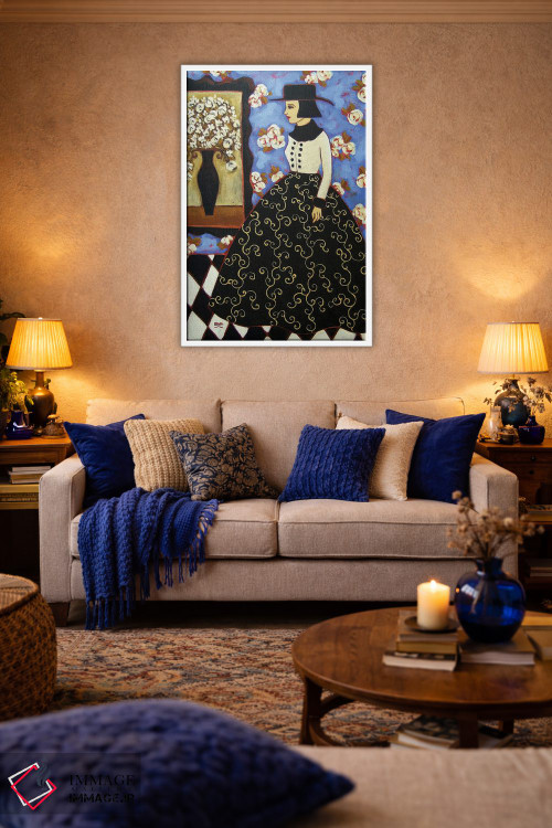 تابلو دکوراتیو زن با گل های رز سفید اثر کارن ریگر - D4W