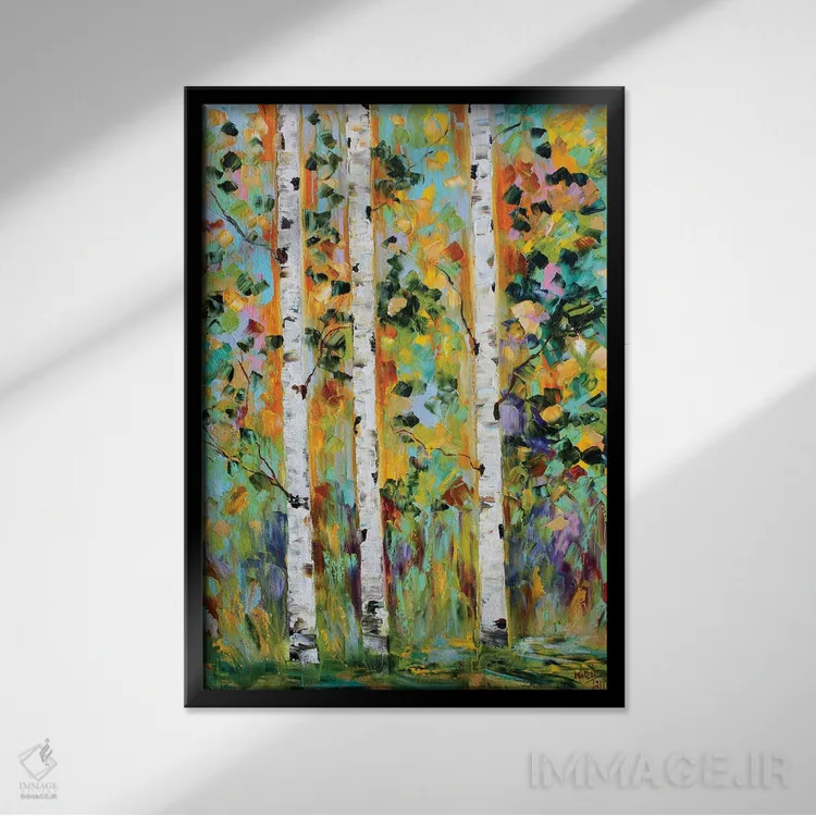 تابلو دکوراتیو درختان غان پاییزی اثر کارن تارلتون - نمای قابدار مشکی