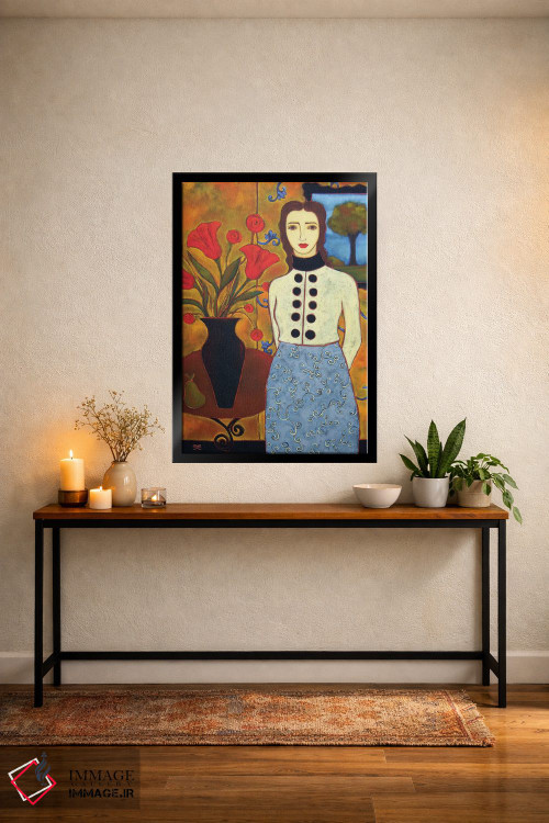 تابلو دکوراتیو زن با گل لاله و منظره اثر کارن ریگر - D5B