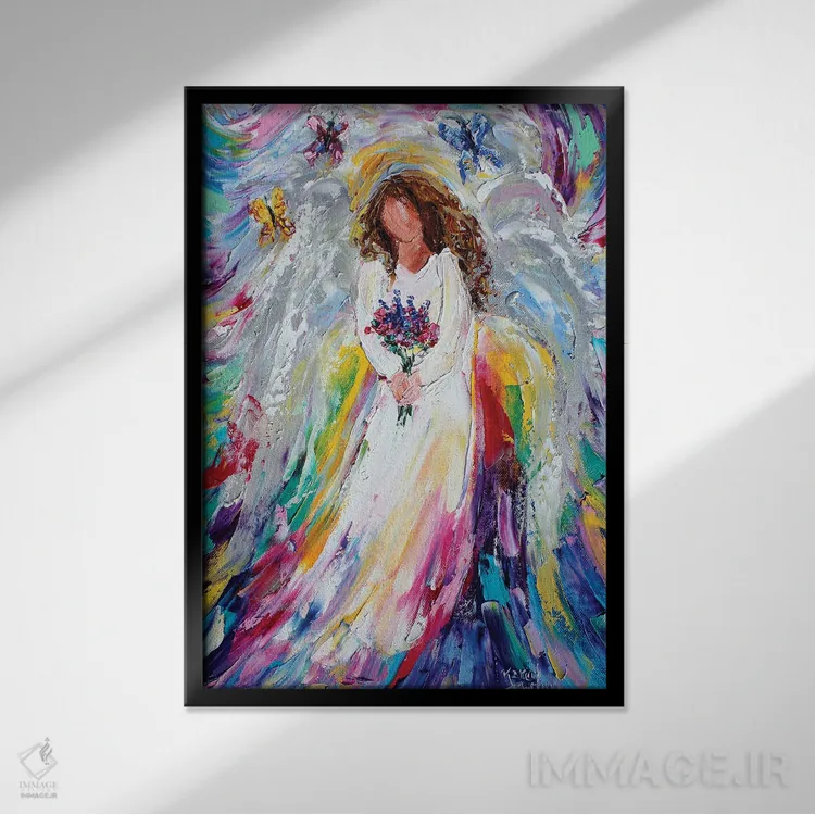 تابلو دکوراتیو فرشته بهاری با گل های وحشی و پروانه ها اثر کارن تارلتون - نمای قابدار مشکی