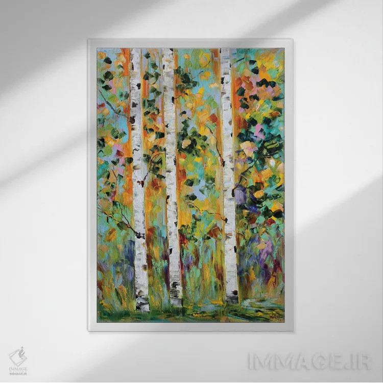 تابلو دکوراتیو درختان غان پاییزی اثر کارن تارلتون - نمای قابدار سفید