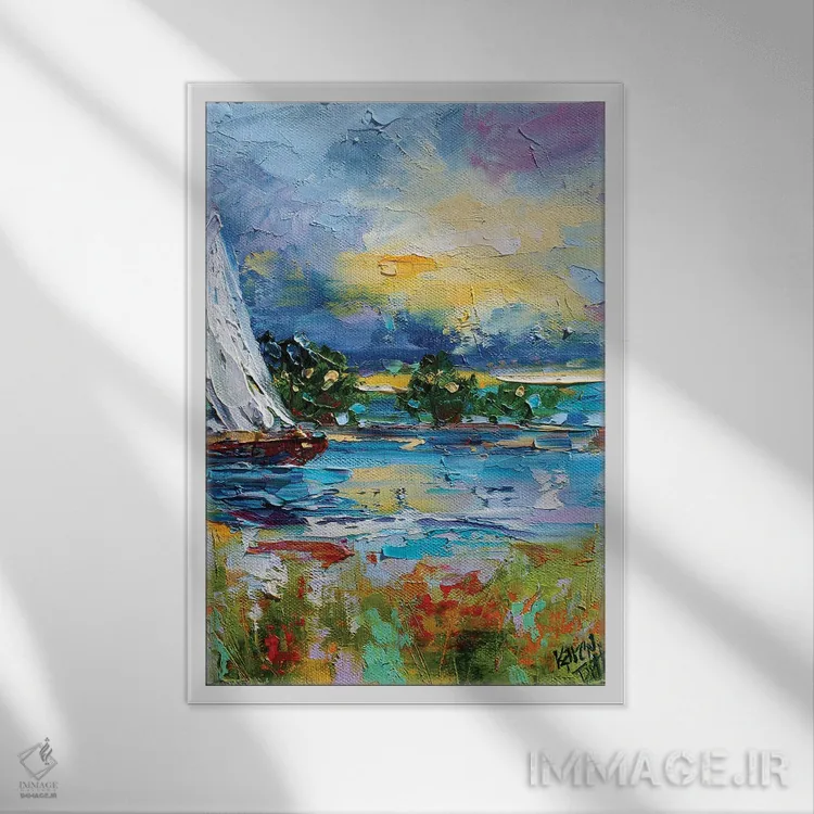 تابلو دکوراتیو حرکت به سوی غروب با قایق اثر کارن تارلتون - نمای قابدار سفید