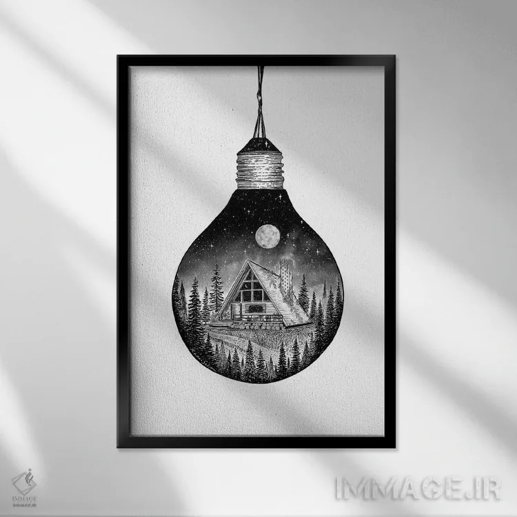 تابلو دکوراتیو کلبه لامپ دار اثر کاری سلون - نمای قابدار مشکی