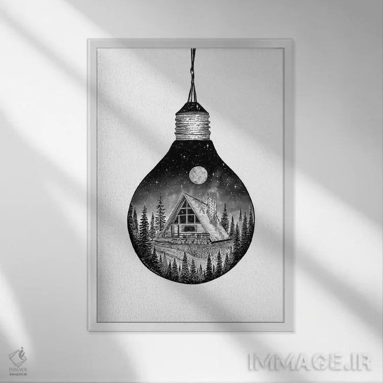 تابلو دکوراتیو کلبه لامپ دار اثر کاری سلون - نمای قابدار سفید