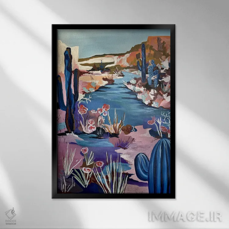 تابلو دکوراتیو منظره کاکتوس اثر کسنیا رای - نمای قابدار مشکی