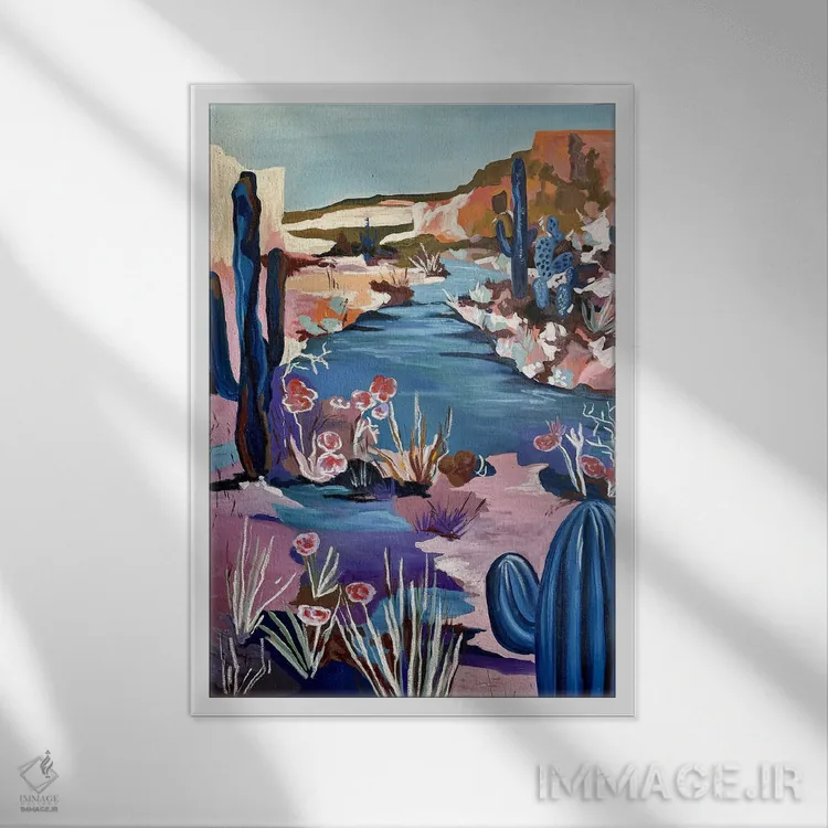 تابلو دکوراتیو منظره کاکتوس اثر کسنیا رای - نمای قابدار سفید