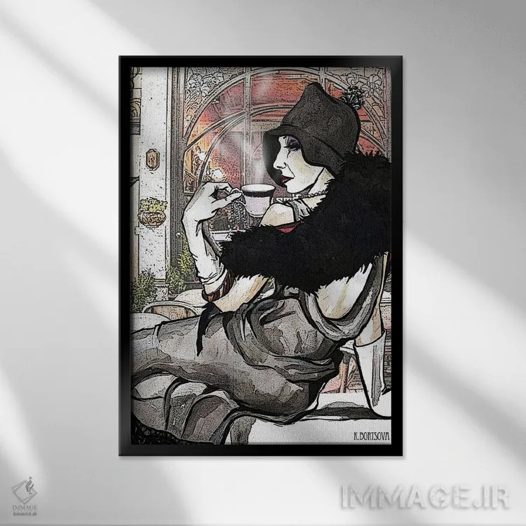 تابلو دکوراتیو فنجان قهوه اثر کاترینا بورتسووا - نمای قابدار مشکی