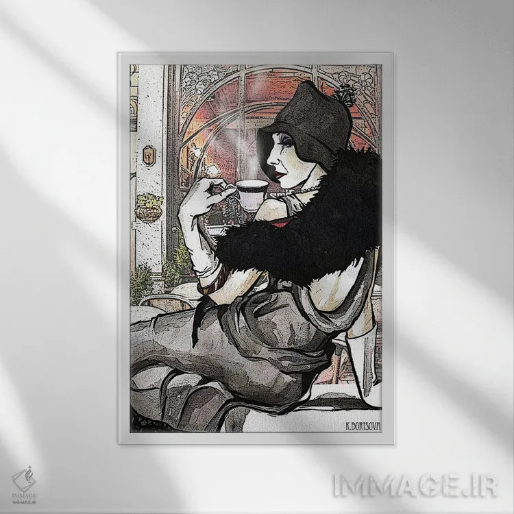 تابلو دکوراتیو فنجان قهوه اثر کاترینا بورتسووا - نمای قابدار سفید