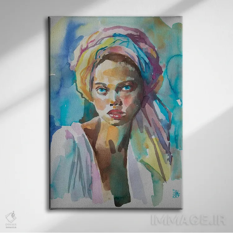 تابلو دکوراتیو دختر با عمامه رنگارنگ اثر کاترینا بورتسووا - نمای روبهرو روی دیوار