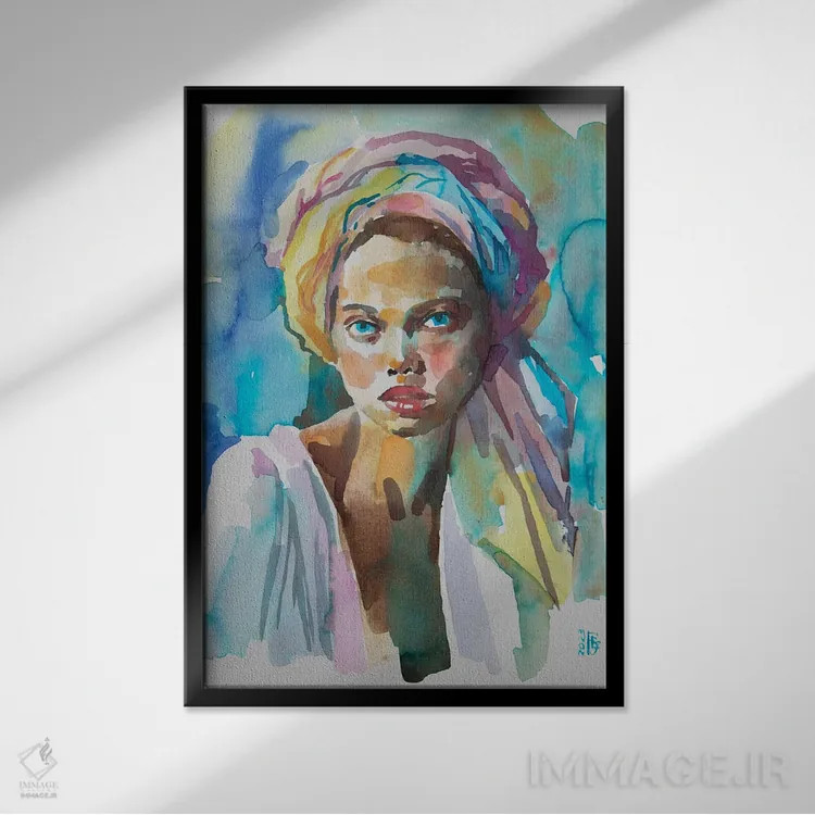 تابلو دکوراتیو دختر با عمامه رنگارنگ اثر کاترینا بورتسووا - نمای قابدار مشکی