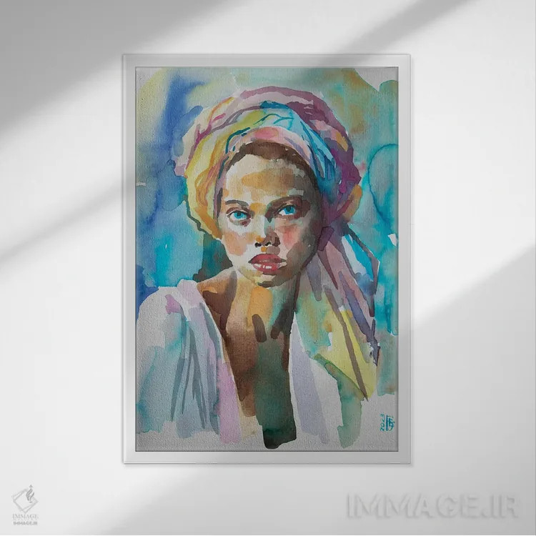 تابلو دکوراتیو دختر با عمامه رنگارنگ اثر کاترینا بورتسووا - نمای قابدار سفید