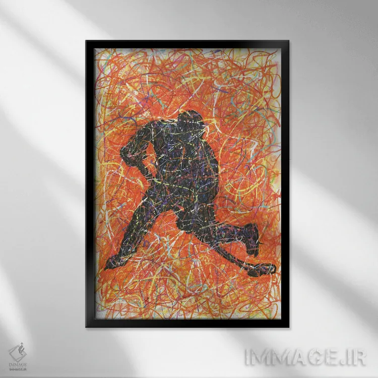 تابلو دکوراتیو بازیکن هاکی با ضربه اسلپ شات اثر کیت سلام - نمای قابدار مشکی