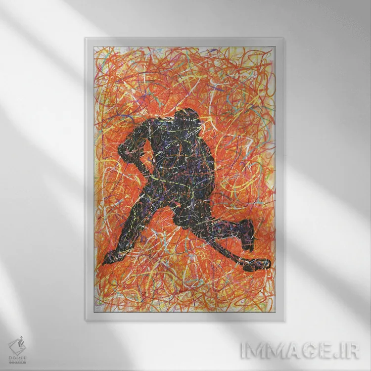 تابلو دکوراتیو بازیکن هاکی با ضربه اسلپ شات اثر کیت سلام - نمای قابدار سفید