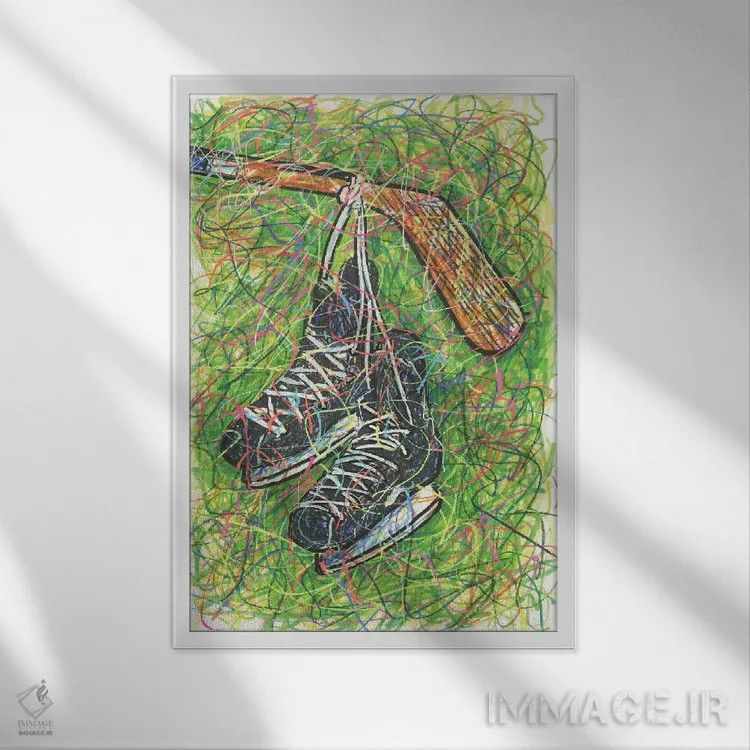 تابلو دکوراتیو اسکیت هاکی اثر کیت سلام - نمای قابدار سفید