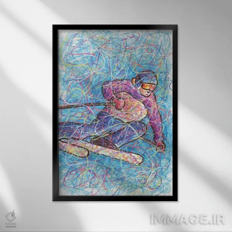 تابلو دکوراتیو اسکی سرازیری اثر کیت سلام - نمای قابدار مشکی