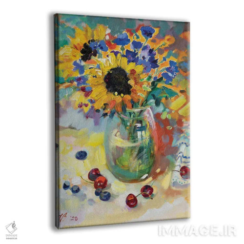 تابلو دکوراتیو دسته گل تابستانی در گلدان شیشه ای اثر کاتارینا والوا - نمای پرسپکتیو محصول