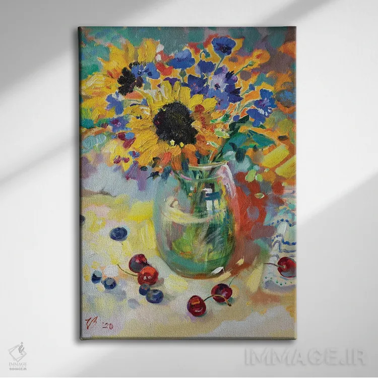 تابلو دکوراتیو دسته گل تابستانی در گلدان شیشه ای اثر کاتارینا والوا - نمای روبهرو روی دیوار