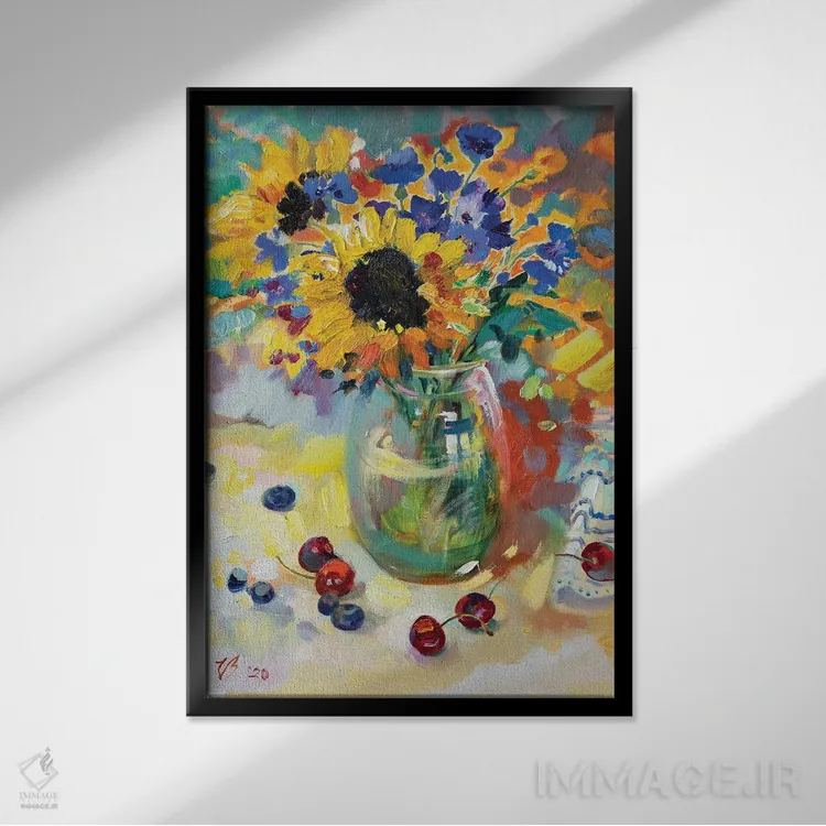 تابلو دکوراتیو دسته گل تابستانی در گلدان شیشه ای اثر کاتارینا والوا - نمای قابدار مشکی