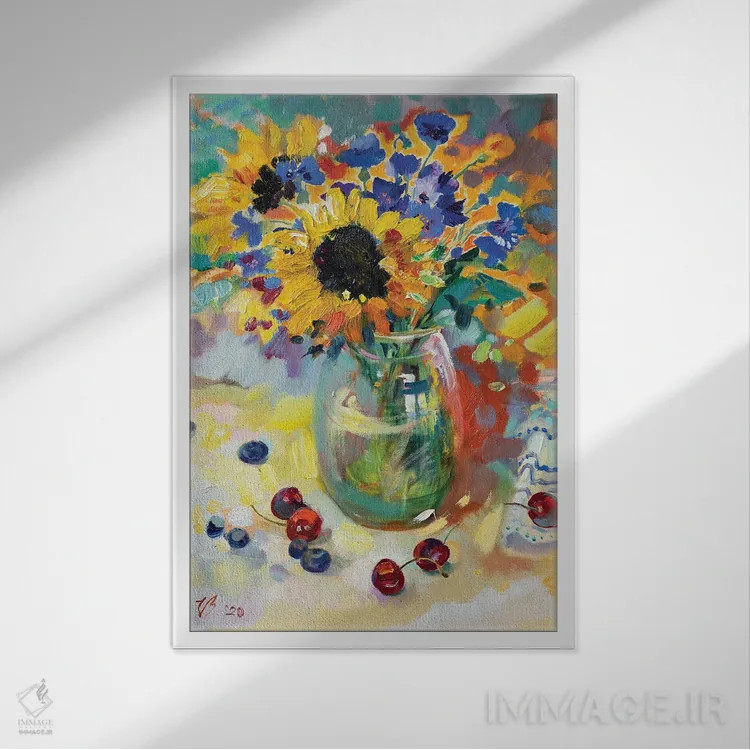 تابلو دکوراتیو دسته گل تابستانی در گلدان شیشه ای اثر کاتارینا والوا - نمای قابدار سفید