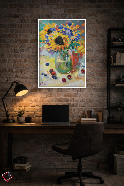 تابلو دکوراتیو دسته گل تابستانی در گلدان شیشه ای اثر کاتارینا والوا - D4W