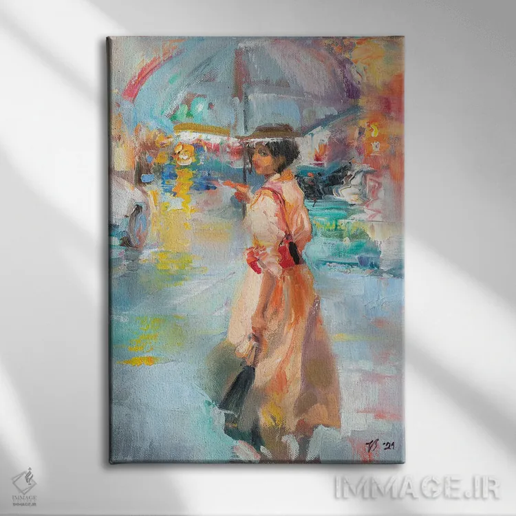 تابلو دکوراتیو دختر ناشناس زیر چتر اثر کاتارینا والوا - نمای روبهرو روی دیوار