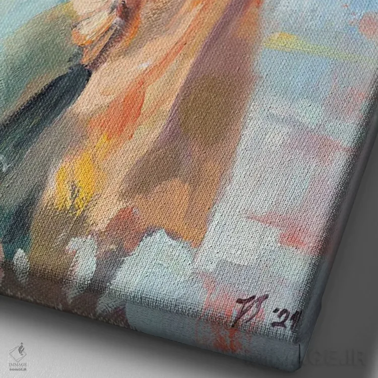 تابلو دکوراتیو دختر ناشناس زیر چتر اثر کاتارینا والوا - نمای نزدیک بافت بوم