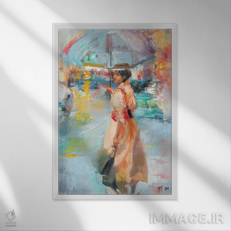 تابلو دکوراتیو دختر ناشناس زیر چتر اثر کاتارینا والوا - نمای قابدار سفید