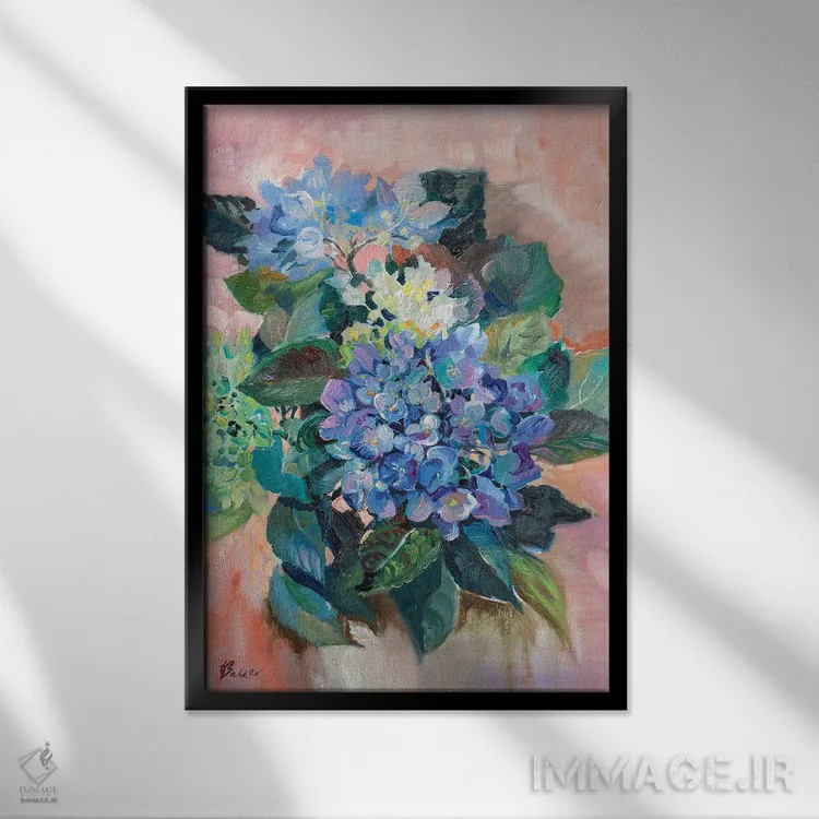 تابلو دکوراتیو هورتانسیا آبی اثر کاتارینا والوا - نمای قابدار مشکی