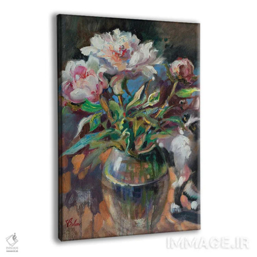 تابلو دکوراتیو دسته گل گل صدتومانی صورتی اثر کاتارینا والوا - نمای پرسپکتیو محصول