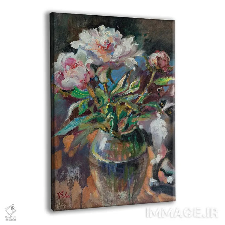 تابلو دکوراتیو دسته گل گل صدتومانی صورتی اثر کاتارینا والوا - نمای پرسپکتیو محصول